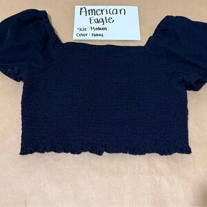 American Eagle Outfitters Blue Smocked Crop Blouse